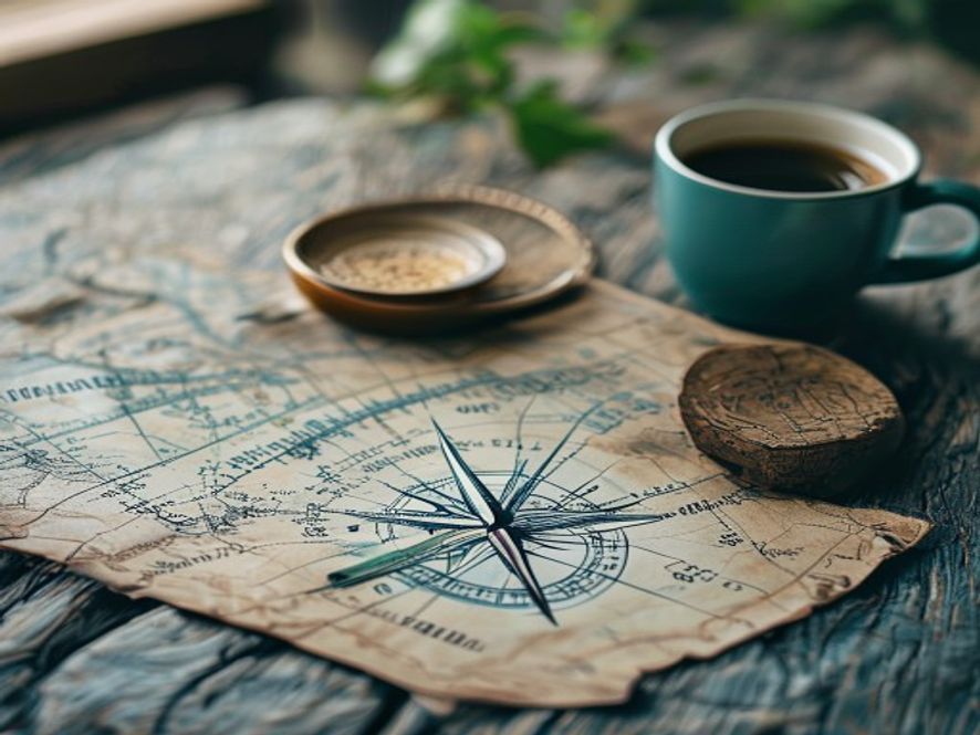A detailed topographic map and compass displayed on a hiking table with a pencil and cup of coffee